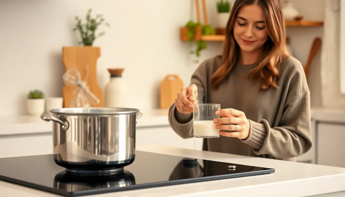 woman warming milk in a modern kitchen setting.