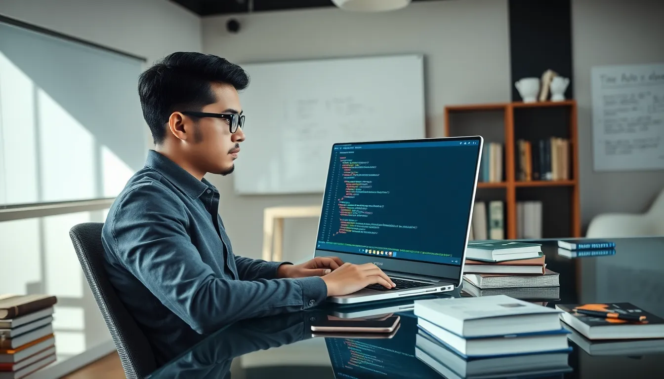 programmer coding with the 'auto' keyword in C++ at a modern desk.