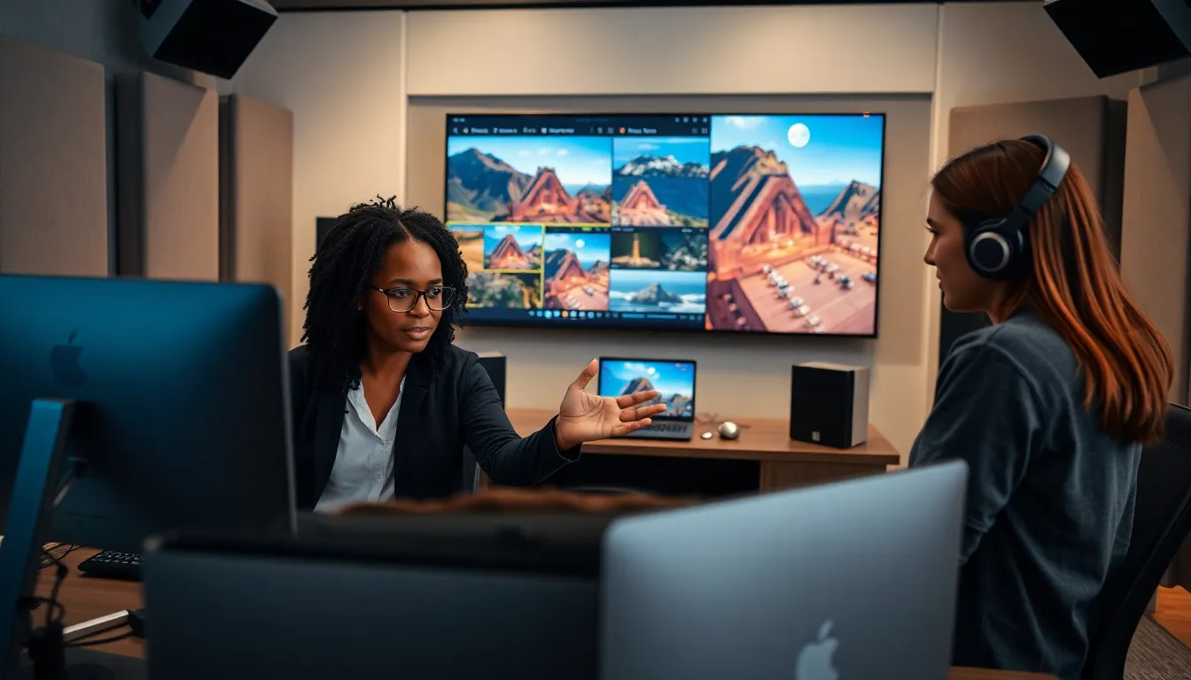 professionals collaborating in a video editing studio with music integration