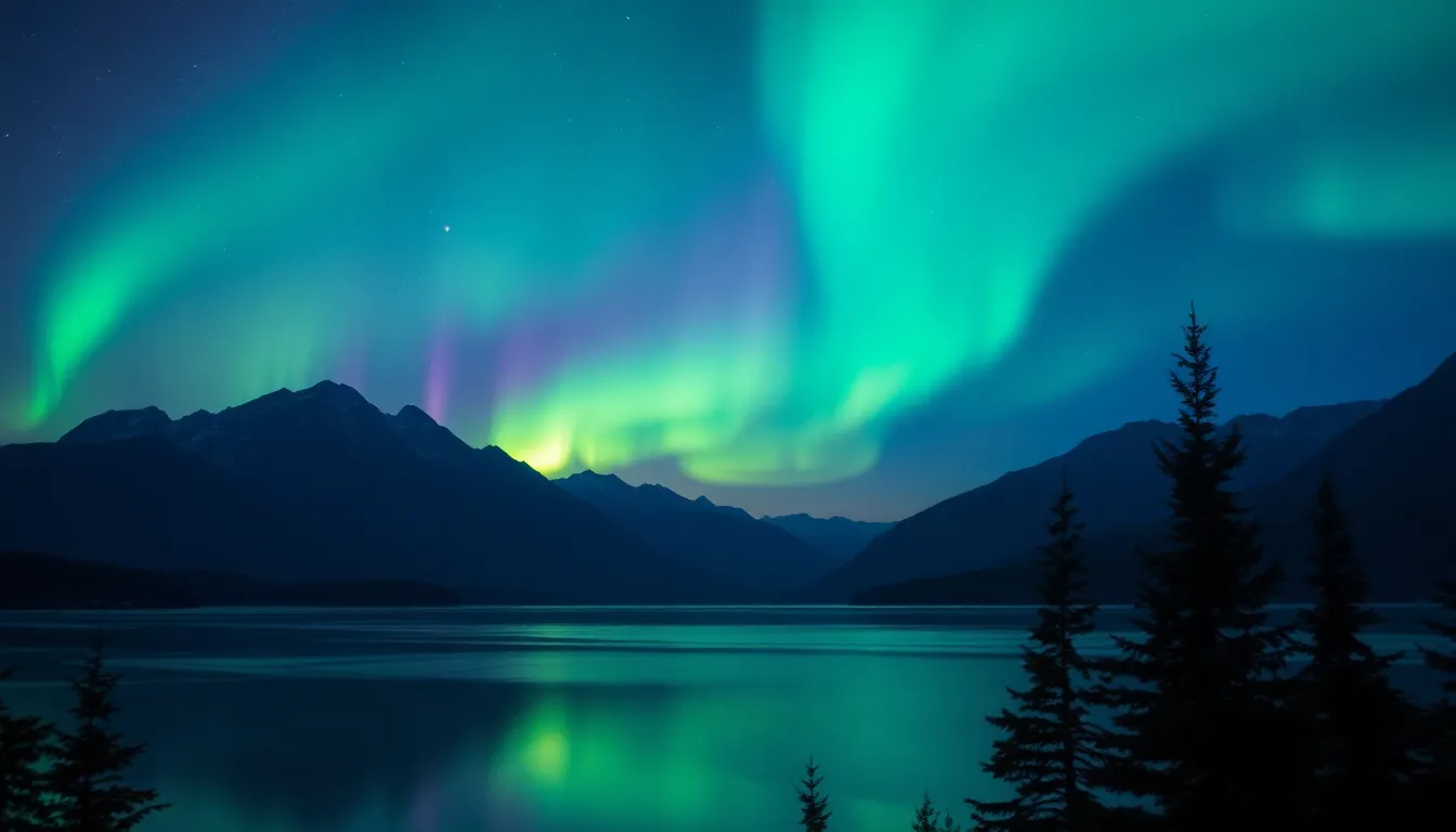 Northern Lights illuminating mountains and a lake at night.