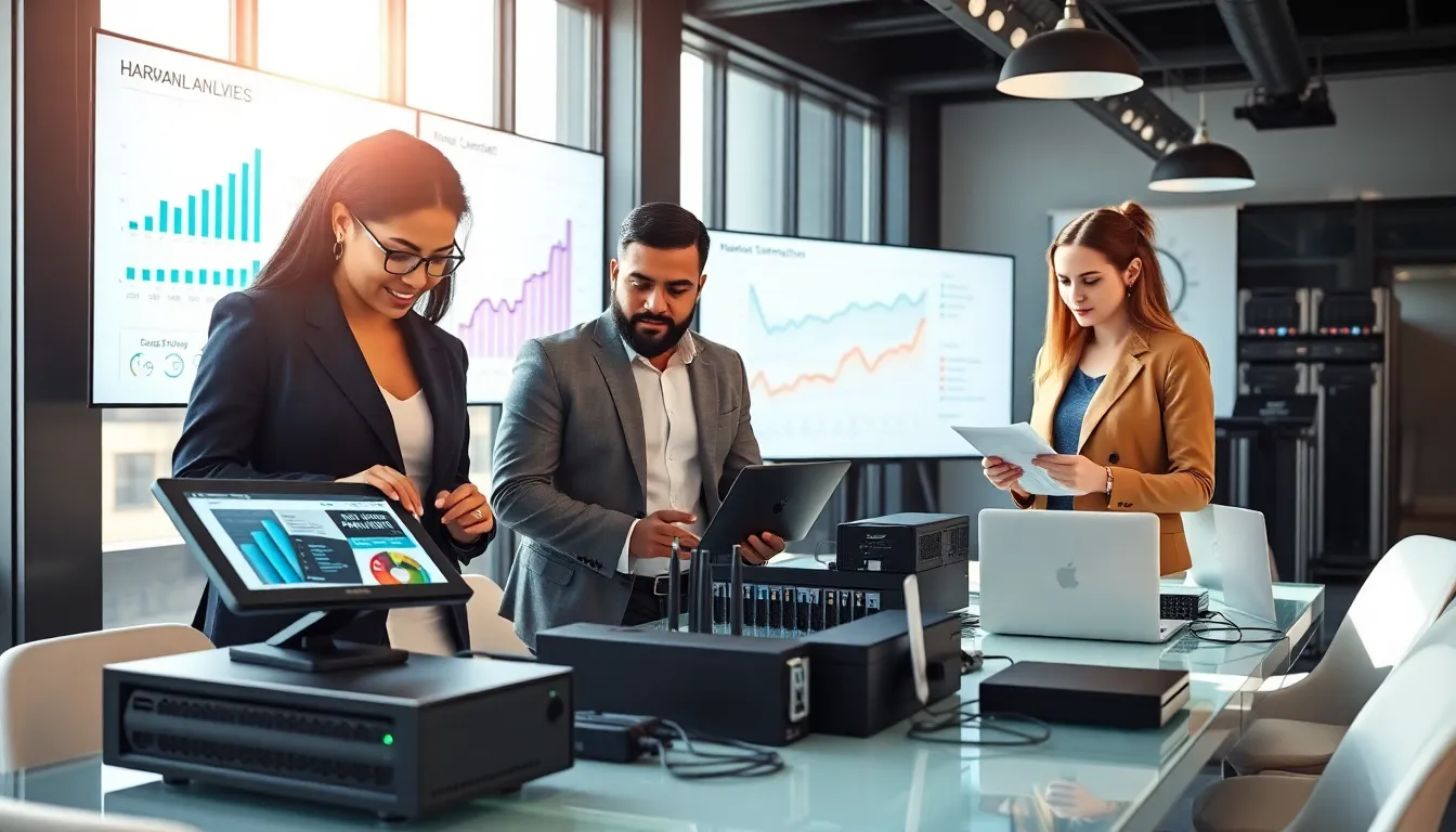 a diverse team collaborating on hardware devices in a modern office