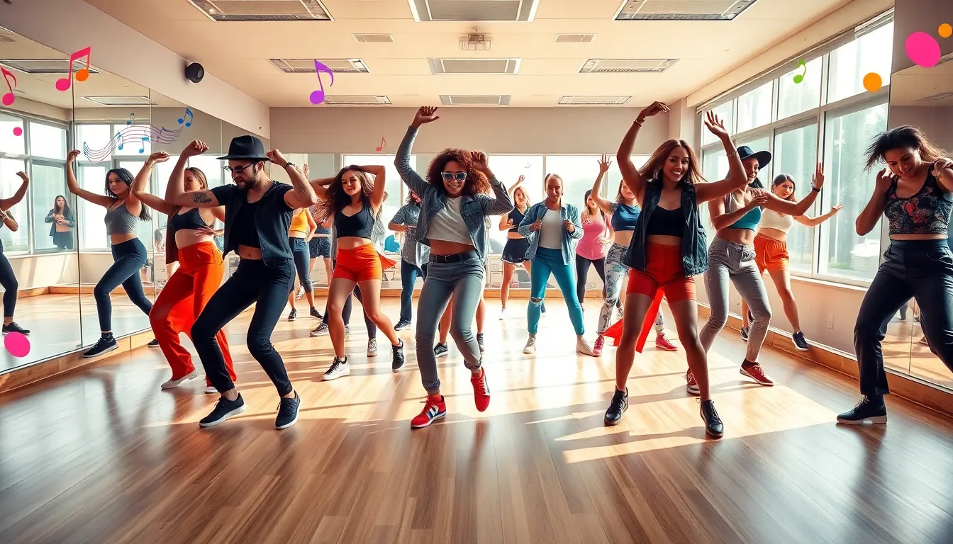 diverse group of dancers performing in a vibrant studio.