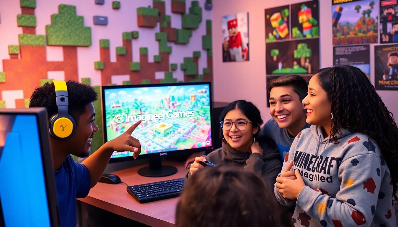 a diverse group of gamers engaging with Minecraft in a gaming room.