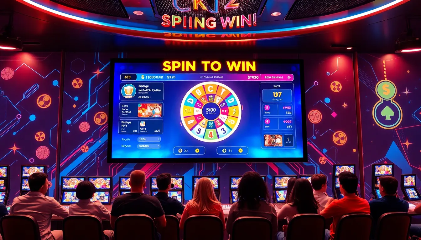gamers using CK2Generator's digital Spin To Win feature in a modern gaming lounge.