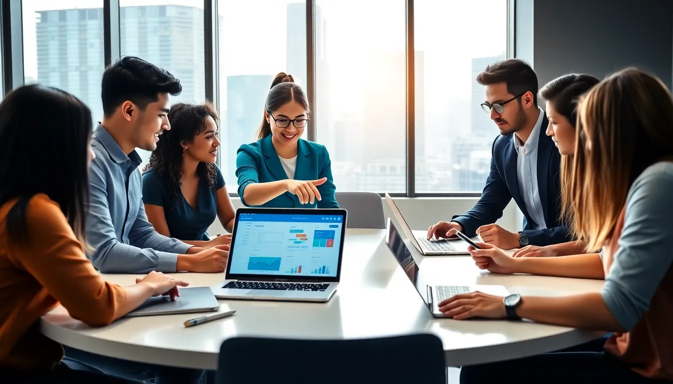a diverse team collaborating in a modern office environment.