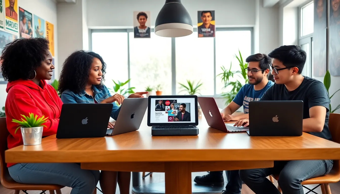 A diverse team collaborating on content creation for #RedWebzine.