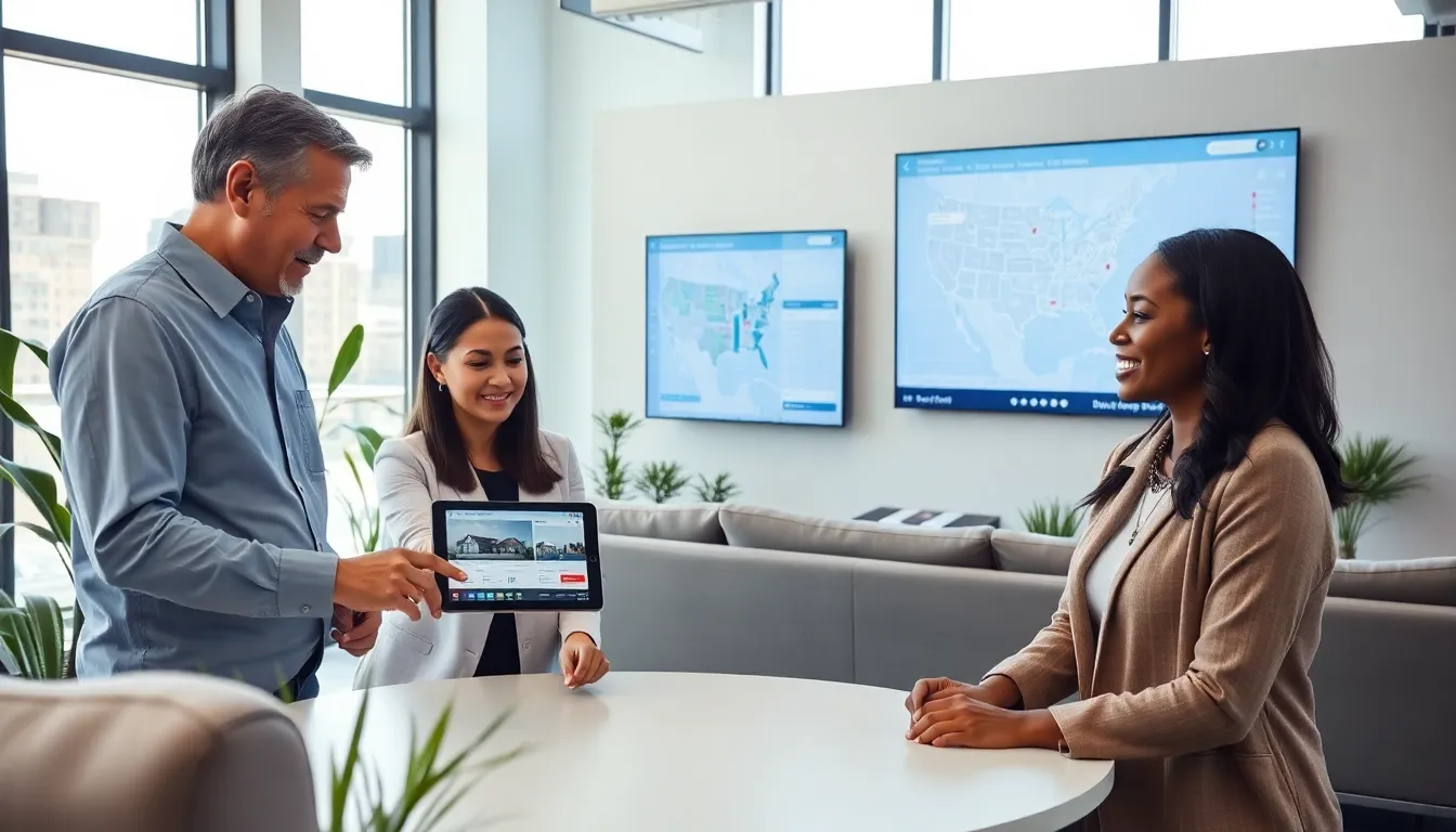 a diverse real estate team discussing property listings in a modern office.