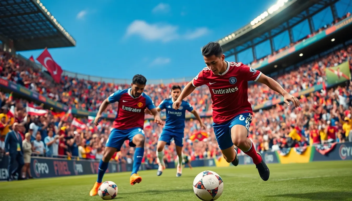 a dramatic football match scene with players and enthusiastic fans in a stadium.