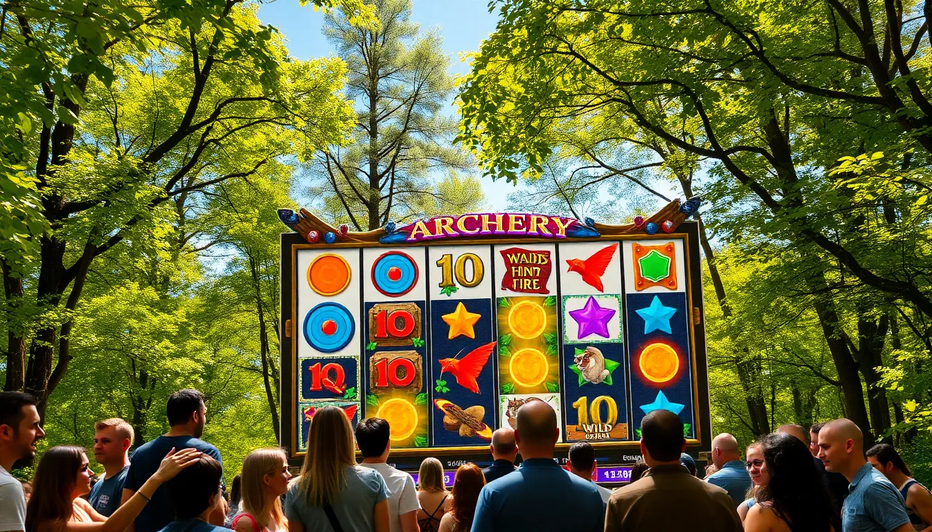 a colorful archery-themed slot machine in a lush forest setting.