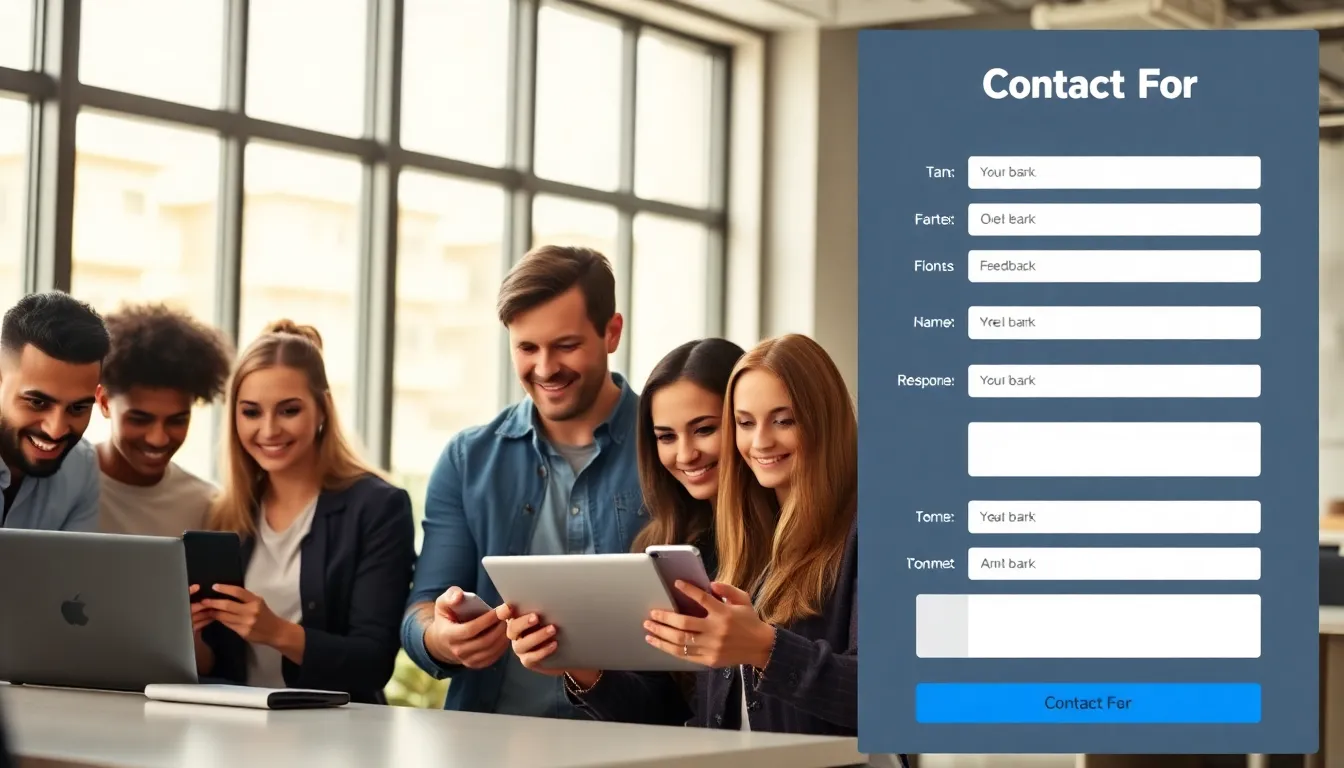 Diverse users interacting with a modern contact form on screens.